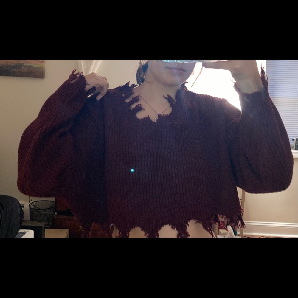 Maroon distressed crop sweater from Zaful